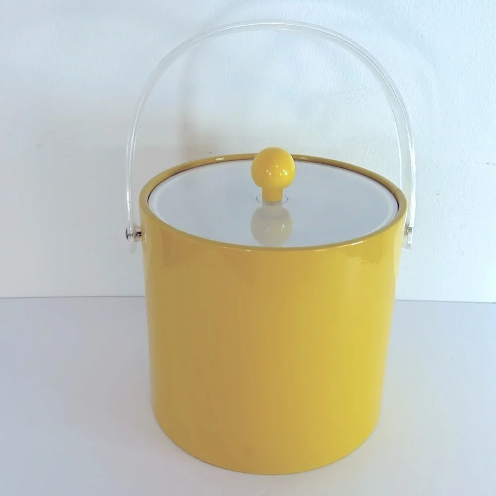 Vintage 1970s Taiwan Vinyl Yellow Ice Bucket with Clear Acrylic Handle & Lid